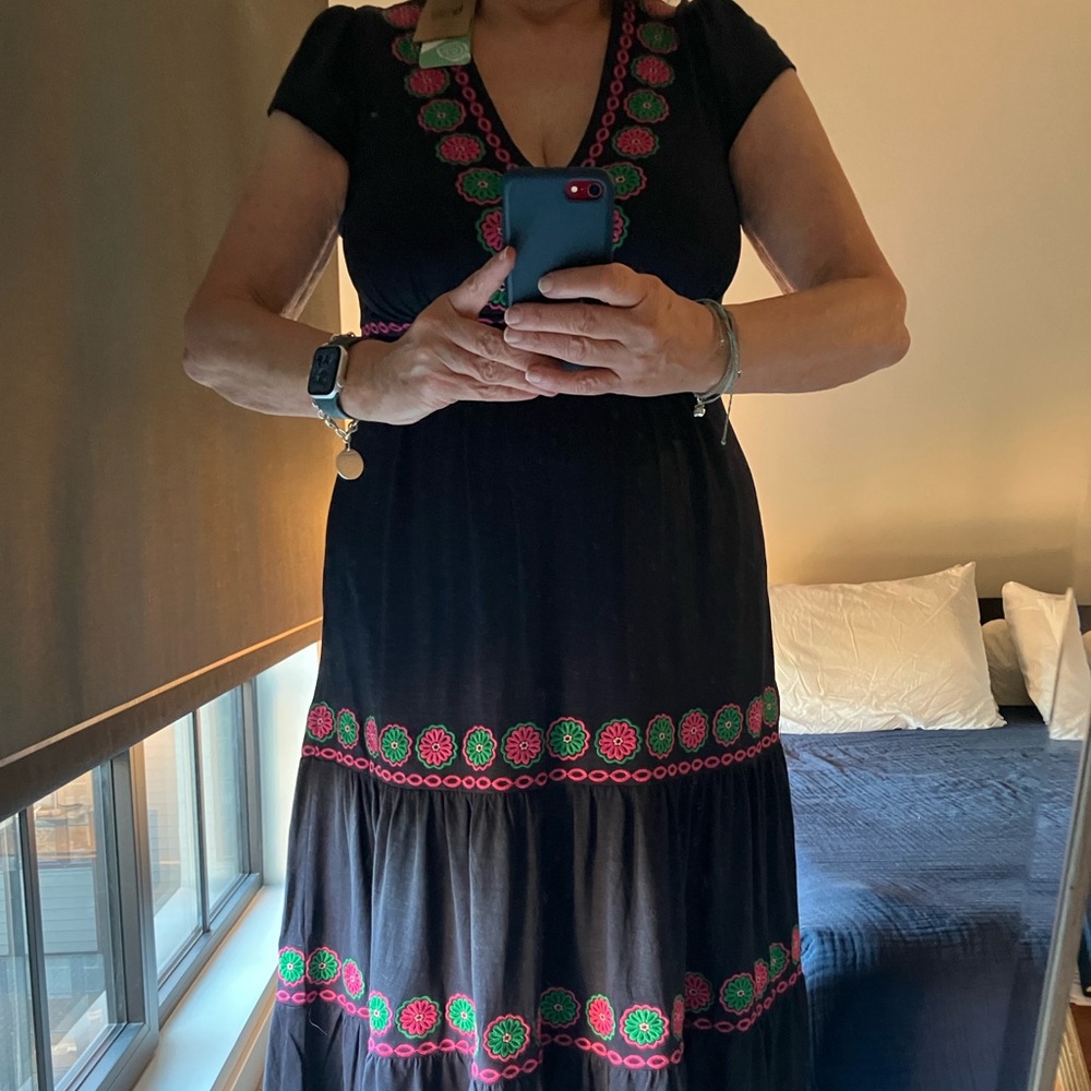 NWT Navy Boden Dress with Colorful Embroidery, Tencel Cotton